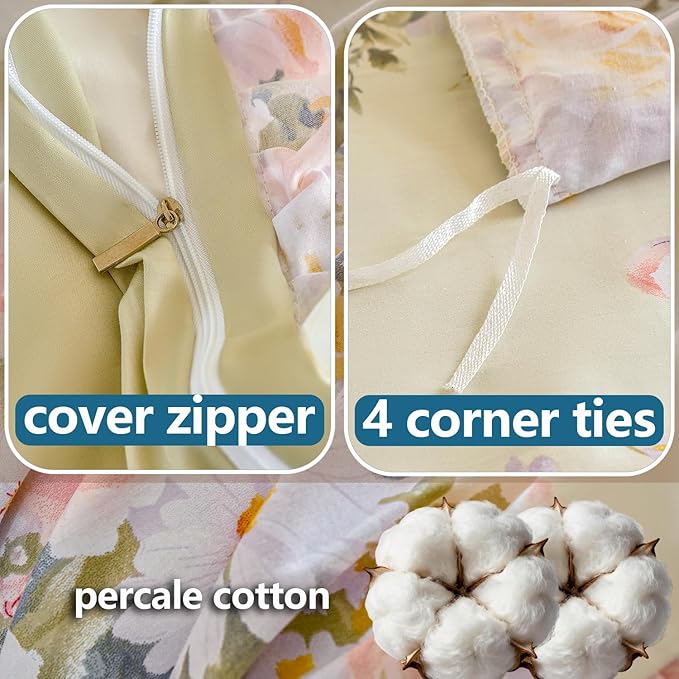 Ruffle Floral Duvet Cover Set 100% Cotton Queen Size, Shabby Blush Pink Cream Rose Comforter Cover, Satin Weave, Soft & Breathable, French Country Cottagecore Bedding 3Pcs-Not Comforter