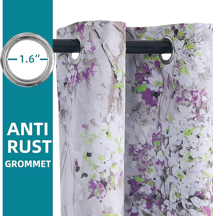 MYSKY HOME Purple Curtains 84 Inch Long 2 Panel Thermal Insulated Half-Blackout Flowers and Leaves Printed Curtains with Grommet