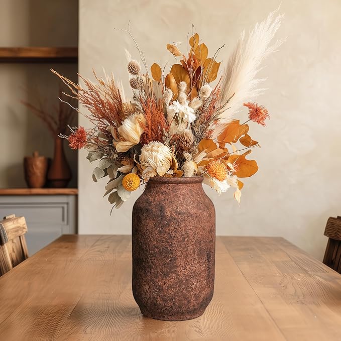 Rustic Terracotta Vase, Farmhouse Ceramic Vase, Decorative Clay Vintage Vases for Home Decor, Living Room,Table, Shelf Decor, 9 inch, Brown