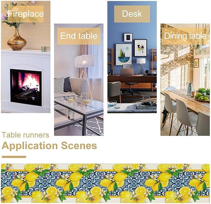 Lemon Table Runner ,Summer Blue Tiles Lemons Kitchen Dining Table Decoration Lemons Table Cover for Indoor Outdoor Home Party Decor, 13 x90 Inch