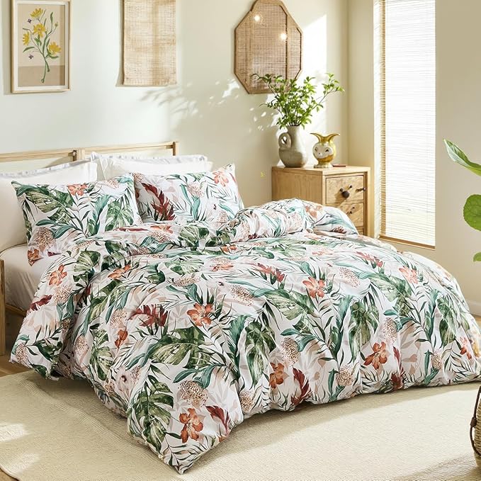 Bedding_Dreamer 100% Cotton Comforter Set Floral King Bedding Green Palm Leaf Comforter Set Botanical Home Decor 3 Pcs with 2 Pillowcases Reversible for All Season