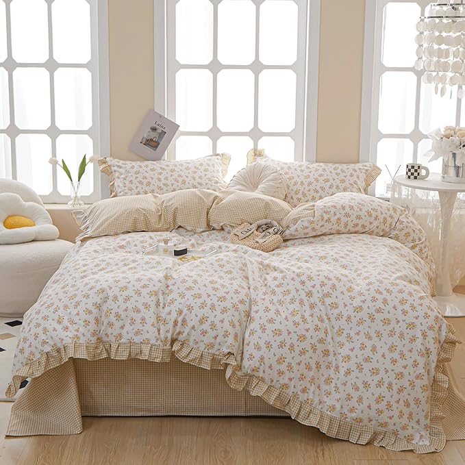 VM VOUGEMARKET Twin Comforter Set with Rose Flower Pattern,1 Ruffle Comforter and 2 Pillow Shams for Girls Women,Reversible Yellow Plaid Bedding Set(3pcs,Twin XL)
