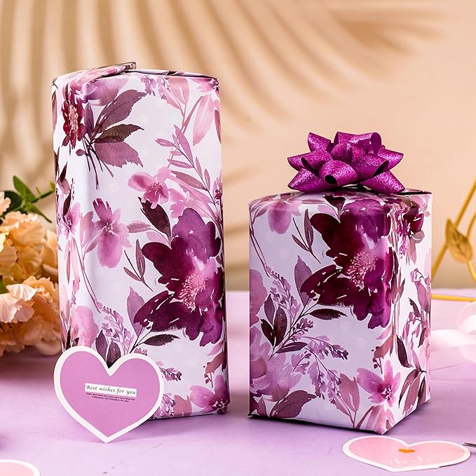 Burymento Purple flowers Wrapping Paper, Reversible Color Happy Birthday Gift Wrap for Birthday, Valentines, Mothers day, Graduation, Wedding, Fathers day, Baby Shower, Christmas (17in x 16.4ft)