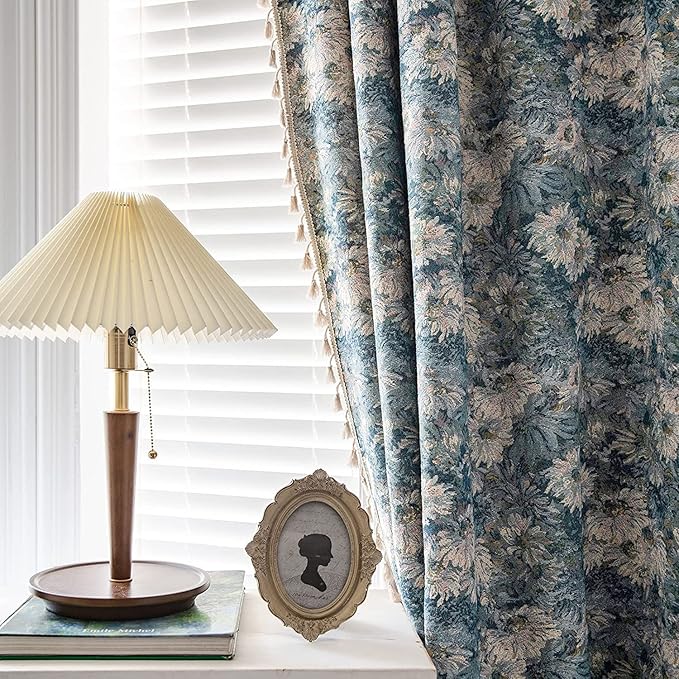 ENJOYBRIDAL Blue Floral Curtains 84 Inch Length 2 Panels Farmhouse Semi Sheer Drapes for Living Room Bohemian Rustic Rod Pocket Window Curtain Panels with Tassel Jacquard Bedroom Window Treatments