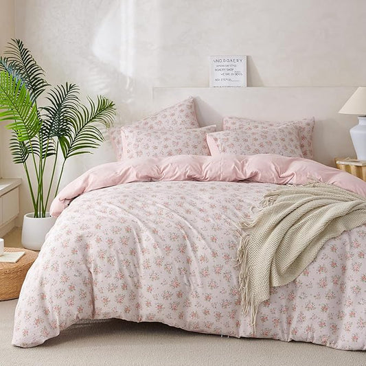 Comforter Set Queen Size Floral Soft 3 Pieces Chic Crinkle Gauze Fabric Garden Style Flower Print Botanical Comforter for All Seasons Luxury Warmth Comfy Breathable with 2 Pillowcases