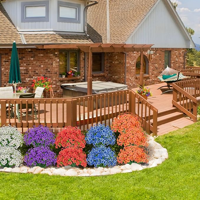 Outdoor Artificial Flowers 21 UV Resistant Bundles Fake Flower Plastic Plants Faux Silk Flowers Porch Hanging Garden Porch Window Box Decorating (Purple)
