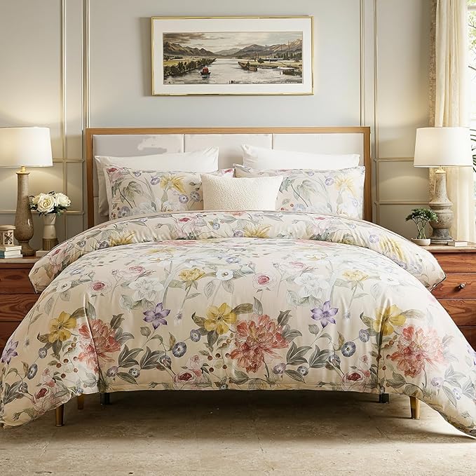 100% Cotton Duvet Cover King Size – Blooming Garden Duvet Cover Set with Zipper Closure & Corner Ties, 3-Piece Silky Soft & Breathable Pastel Floral Bedding Set for All Seasons
