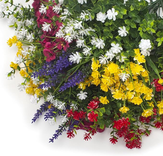 20 Bundles Artificial Flowers for Outdoors, UV Resistant Fake Plants, Faux Plastic Flowers for Home, Window Box, Porch, Indoor, Cemetery, Fall, Summer Decor