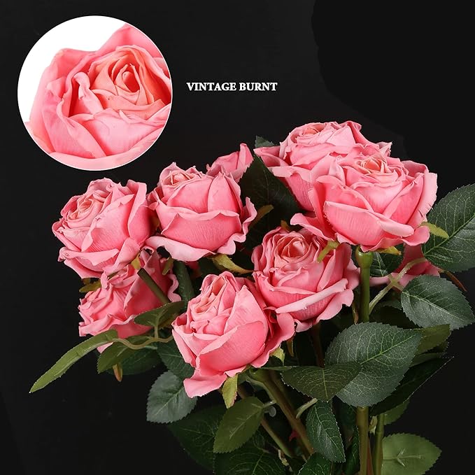 IPOPU Pink Roses Artificial Flowers 12PCS Pink Fake Roses Dried Silk Flowers with Single Stems Faux Rose Realistic Pink Flower Centerpieces for Tables Wedding Bouquet Floral Arrangements