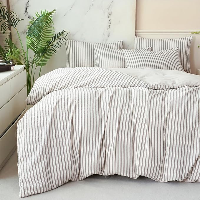 Grey Duvet Cover Queen Size Striped Washed Microfiber Jacquard 3 Pieces Bedding Set, Grey White Vertical Ticking Stripes Pattern Comforter Cover with Zipper Closure Breathable Durable Soft Comfy