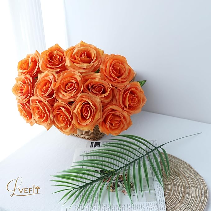 30pcs Artificial Rose Flower Orange Rose Orange Flower with Long Stem Silk Roses Bouquet for Wedding Bridal Shower Party Home Decoration