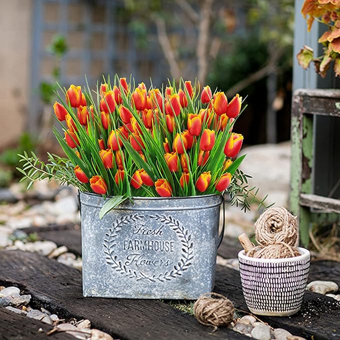 8 Bundles Outdoor Artificial Tulips Fake Flowers UV Resistant Faux Plastic Greenery Shrubs Plants for Home Outside Garden Porch Window Farmhouse Decor (Orange)