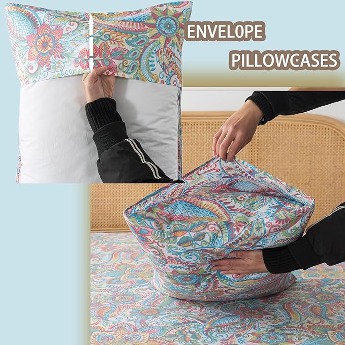 Zusbest King Size Sheets 100% Cotton Pink Green Paisley Floral Bed Sheet Set Watercolor Bedding Luxury Soft Breathable Crispy Cooling Percale Printed Sheet 17.5 Inches Deep Pocket Bed Set King, 4Pcs