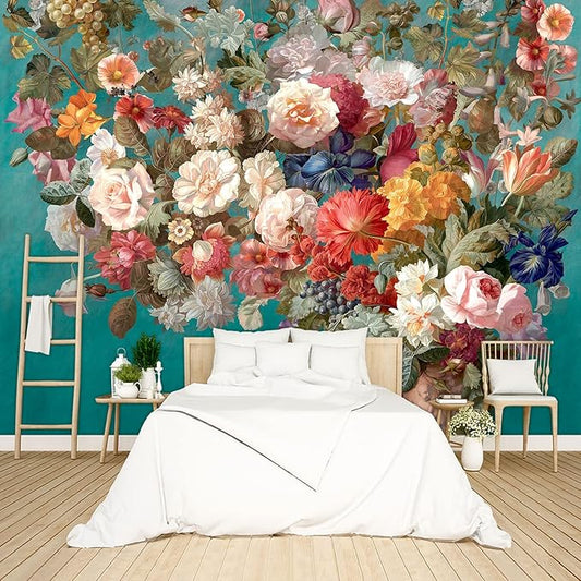 Floral Wallpaper Pink Peony murals Girls Bedroom Botanical Rose Flowers Leaf Aesthetic Room Decor Home Living Room tv Background Large Wall Mural - 137"x96" Not Peel and Stick
