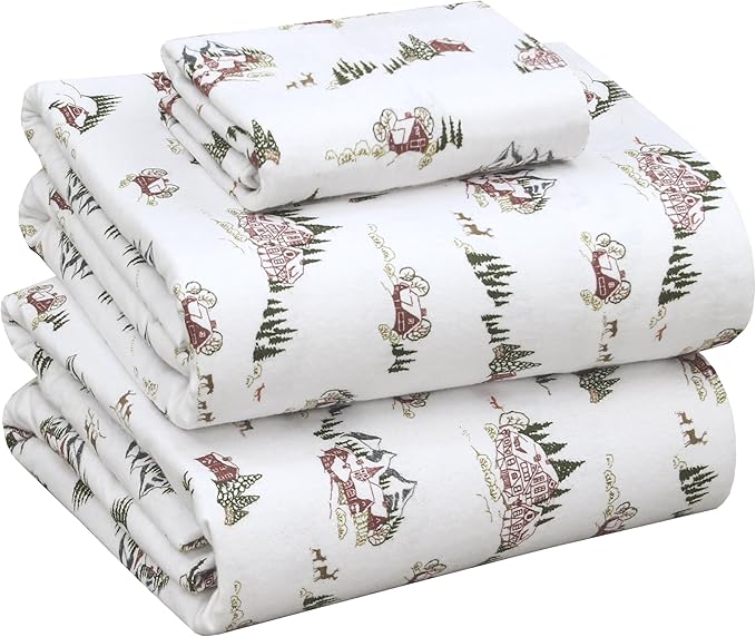 RUVANTI Flannel Sheets Twin XL Size - 100% Cotton Double Brushed Twin XL Sheet Sets, Deep Pockets 16 Inches, All Seasons Breathable & Extra Soft Bed Sheets, Warm & Cozy, 3 Piece, Hilly Huts