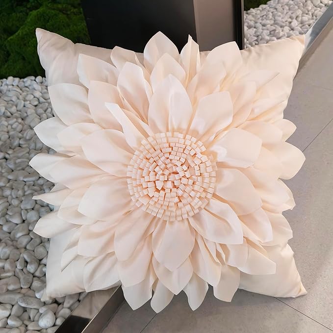 Bella's Giftshop 3D Sunflower Decorative Throw Pillow Covers for Bed Sofa Couch Car, Accent Floral Cushion Cover, Handmade Pillow Cases Living Room Decor, 17x17 Inch-Cream/White