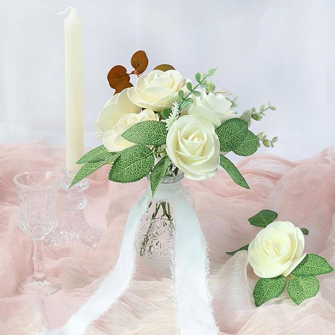 Meldel Artificial Flowers 50pcs Real Looking Beige Foam Fake Roses with Stems for DIY Wedding Bouquets Bridal Shower Centerpieces Floral Arrangements Home Decorations