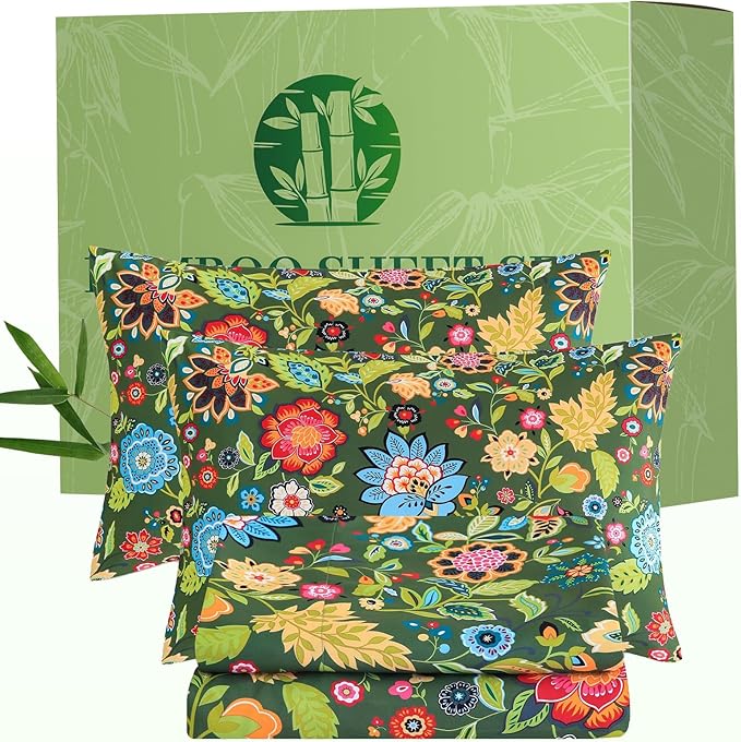 Bedlifes California King Floral 4-Piece Sheet Set - Cooling Sheets Blend Rayon Derived from Bamboo,Soft & Breathable, Deep Pocket 16", Wrinkle Resistant - Vibrant Boho Floral Dark Green