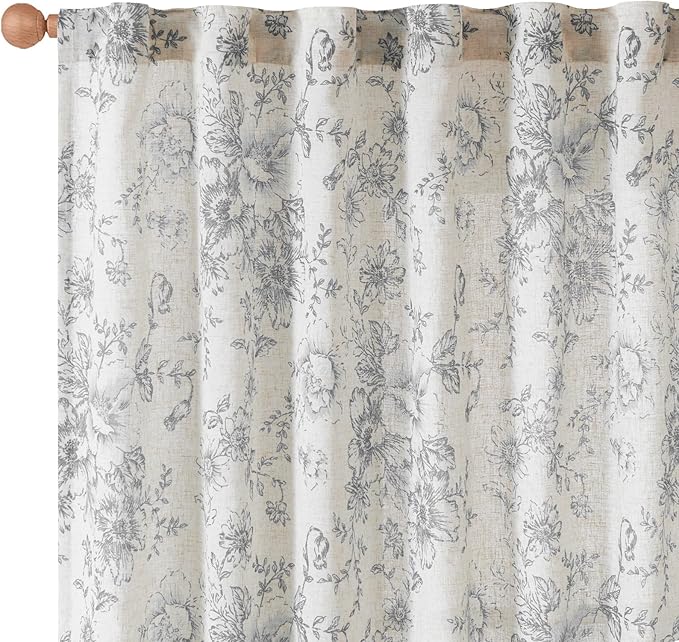 jinchan Linen Blend Curtain Floral Curtains for Living Room 96 Inch Length Grey Printed Curtain Rod Pocket Back Tab Farmhouse Peony Flower Patterned Drapes Bedroom Window Curtains Set 2 Panels