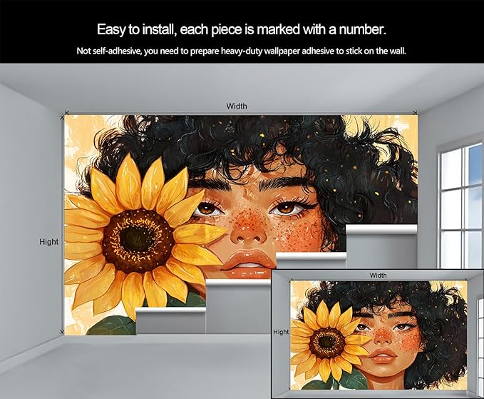 Sunflower Woman Art Wall Mural, Curly Hair Girl with Sunflower 3D Wall Murals, Modern Portrait and Flower Wallpaper Mural, for Living Room Bedroom Large Wallpaper Indoor Decor 169.3" W x118.2 H
