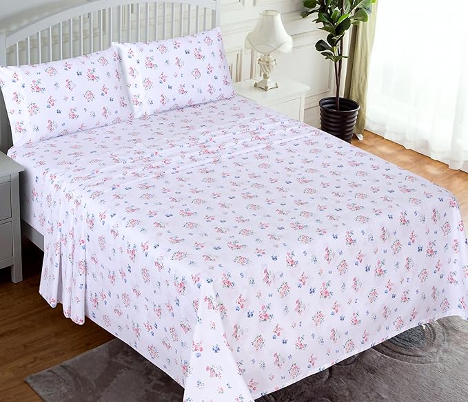 RUVANTI 100% Cotton Sheets Queen Size Set, 4 Pieces, Soft & Breathable Percale Weave Bedding, Deep Pocket 16", Hotel Standard, Crisp Cool Feeling, Durable, Perfect Floral Bed Sheet, Funa Flora
