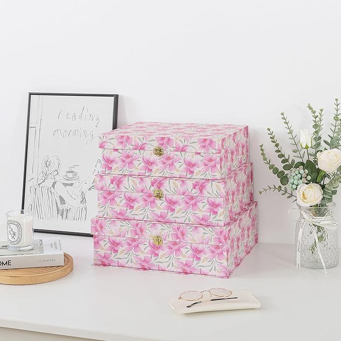 Soul & Lane Pink Floral Cardboard Decorative Storage Boxes with Gold Hardware - Set of 3, Garden Blush - Stacking Boxes with Lids for Home Decor and Organizing, Elegant Design