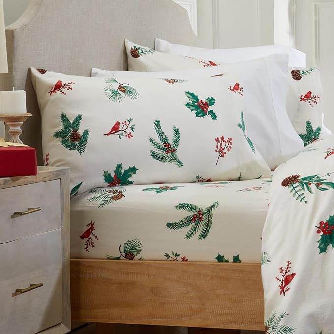 Market & Place 100% Cotton King Flannel Sheet Set | 4 Piece Deep Pocket Novelty Cozy Winter Bed Sheets | Double Brushed for Extra Softness & Comfort | Alpine Collection (King, Cardinal & Pine)