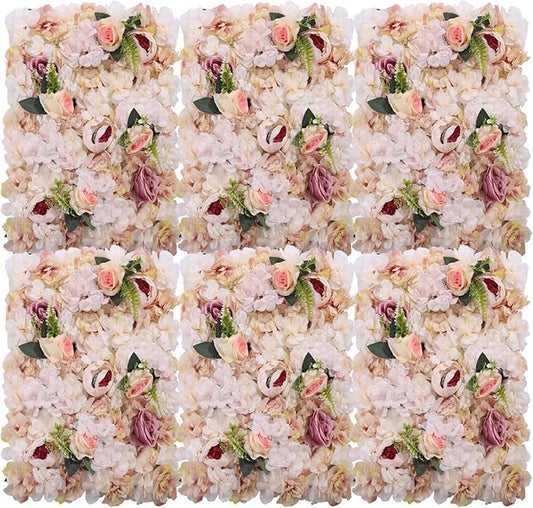 Pink Yellow Flower Wall Panels, Artificial Peony Rose Backdrop, 6Pcs 3D Silk Floral Panels for Wedding Decor, Party Background, Home Wall Decoration (40x60cm)