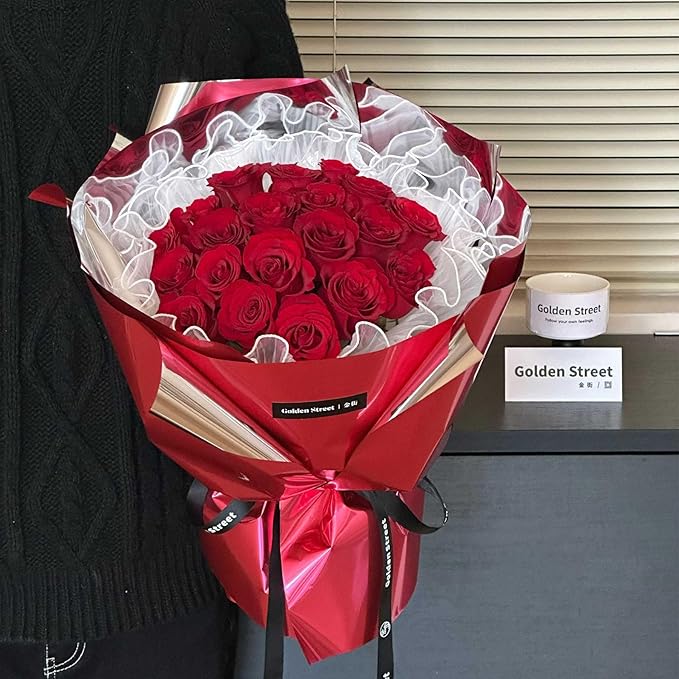 Red Metallic Film Gift Wrapping Paper Roll Solid Color Floral Bouquet Wraps for Wedding, Birthday, Christmas, Mother's Day, New Year, Baby Shower, Congrats (Bright red)
