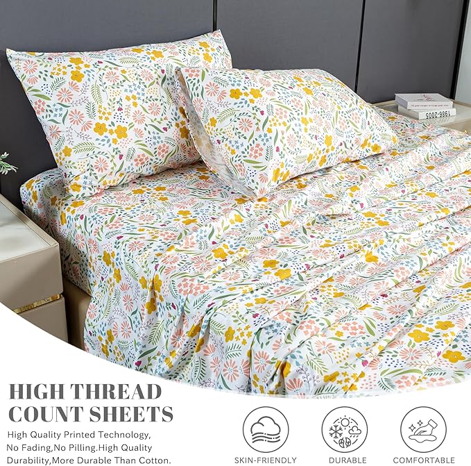 Bedlifes Queen Sheet Set Ultra Soft, Breathable, Silky Flower Deep Pocket 100% Microfiber Bedding, 4 Piece Queen Size Floral