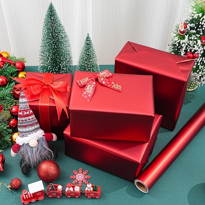 ZINTBIAL Metallic Red Wrapping Paper Roll with Cut Lines - Solid Red Holiday Gift Wrap for Graduation, Christmas, Birthdays, Baby Shower, Wedding - 17.5 in x 33 ft (48 sq. ft), Easy to Cut