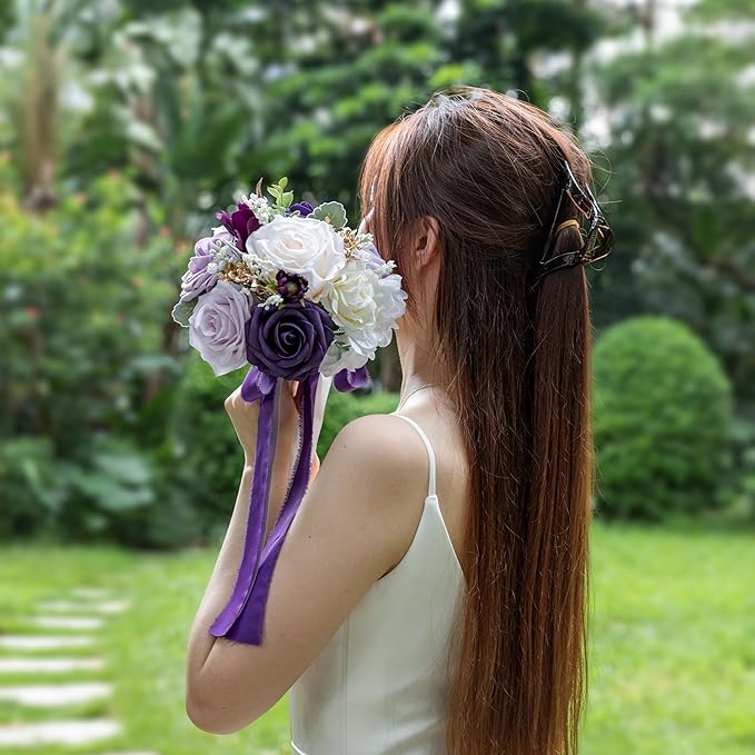 ponatia Purple Wedding Bouquets for Bride Bridesmaid, Cream Wedding Artificial Roses Flowers for Wedding Bouquets Ceremony, Anniversary (Purple & Cream)