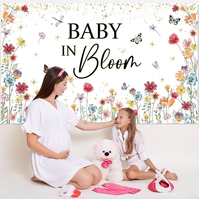 Avezano Wildflower Baby in Bloom Backdrop Banner Wildflower Baby Shower Party Decorations for Girls Gold Glitter Butterfly Spring Floral Baby in Bloom Party Supplies (6x3.6ft)