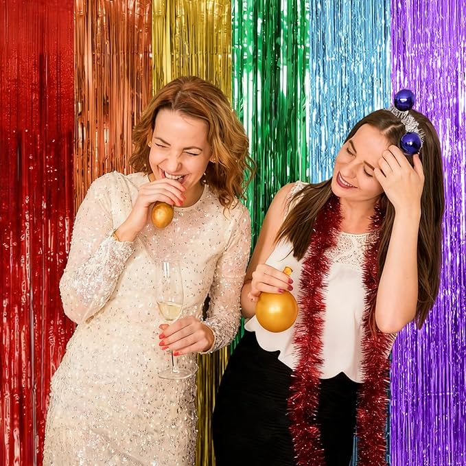 5 Pack Rainbow Party Backdrop Streamers Decorations Colorful Foil Fringe Curtains Metallic Tinsel Backdrop for Birthday First Day of School Engagement Baby Shower Christmas Holiday Party Decor