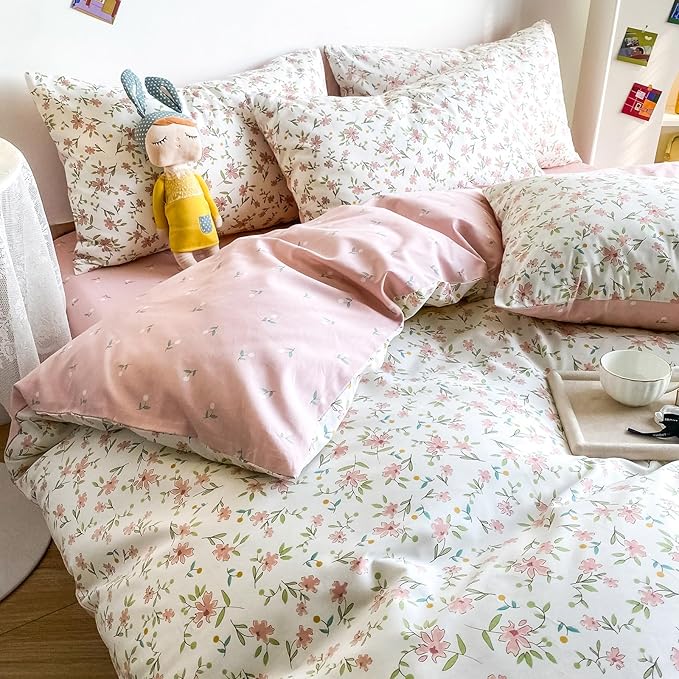 HighBuy Soft Cotton Floral Duvet Cover Twin XL White with Pink Floral Print,Garden Style Botanical Coquette Bedding Comforter Cover Bedding Set,Cottagecore 1 Twin XL Duvet Cover,2 Pillowcases