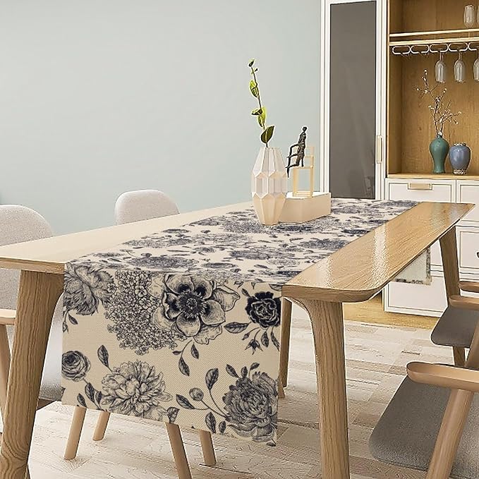Black White Flower Table Runner,Vintage Wildflower Decor Table Runner for Home Kitchen Table Dining Indoor Outdoor Party Decor 13x120 Inch