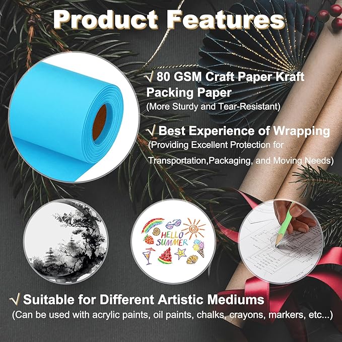 PATIKIL Wrapping Paper, 12"x315"(26') Bulletin Board Paper Roll Kraft Paper Roll Construction 80GSM for Shipping Packing Gift Wrapping Craft Flower Bouquet Christmas, Light Blue