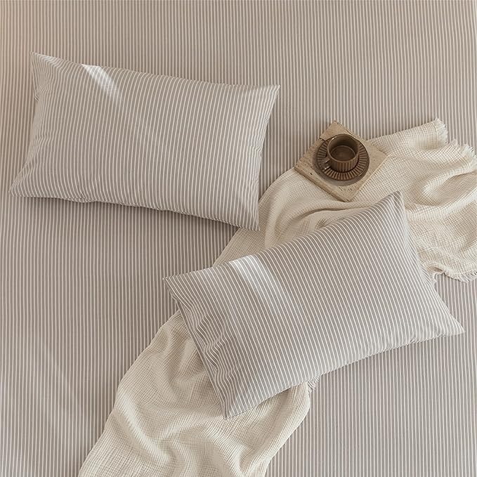 JIYUAN 100% Washed Cotton Striped Duvet Cover Set 3 Pieces Queen, 1 Duvet Cover and 2 Pillowcases(Comforter Not Included),Linen Like Bedding Set Comfy and Breathable,Pinstripes-Heathered Taupe White