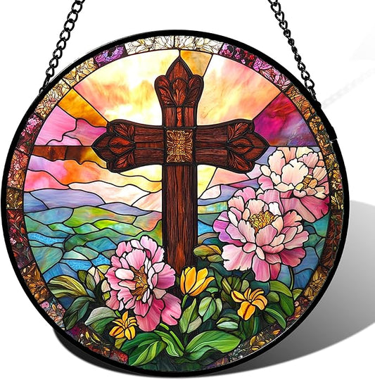 Christian Gifts for Women - Cross Stained Glass Window Hanging Jesus Easter Pink Flower Peony Sun Catcher Garden Religion Decor Mother's Day Catholic Gift for Men Grandma Mom Her Nana 7.8"