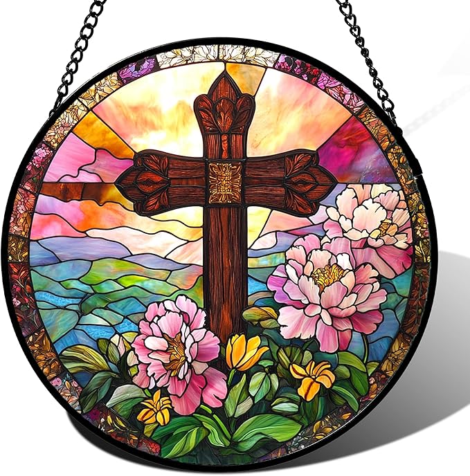 Christian Gifts for Women - Cross Stained Glass Window Hanging Jesus Easter Pink Flower Peony Sun Catcher Garden Religion Decor Mother's Day Catholic Gift for Men Grandma Mom Her Nana 6.3"
