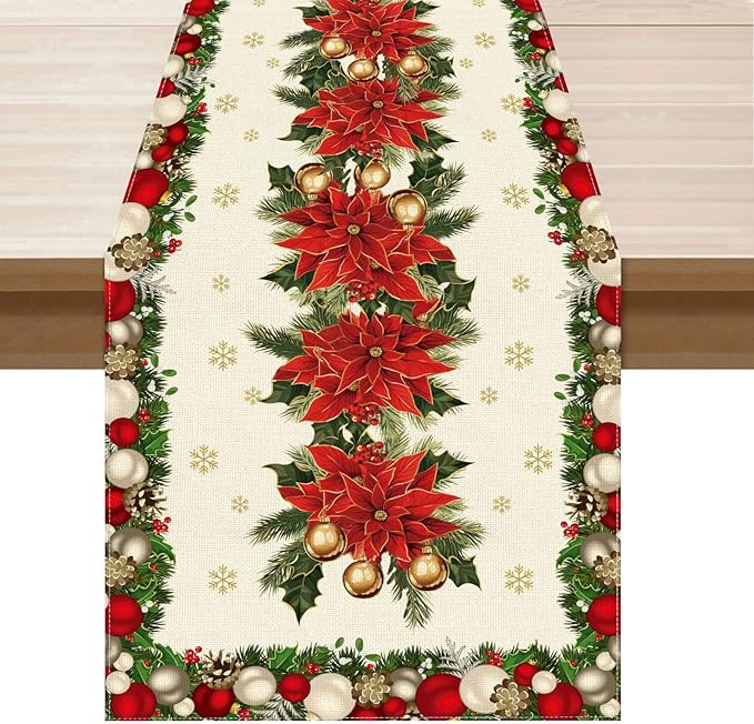 XCHI Christmas Poinsettias Leaves Bells Snowflakes Winter Xmas Table Runner Table Decoration for Home Kitchen Dining Holiday Decor 13x72 Inch