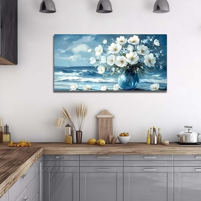 Flower Wall Art for Living Room, Ocean Canvas Wall-Decor for Bedroom, Blue and White Picture Print Artwork for Office, Size 40 x 20 Inches