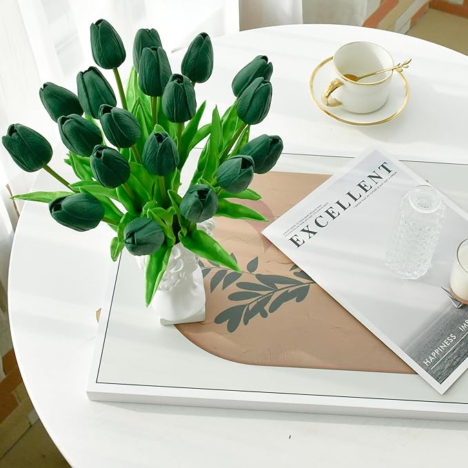 Mandy's Artificial Tulips 20 Stems Dark Green PU Faux Flowers for Thanksgiving and Christmas Decorations Wedding Home Decor 13.5 Inch