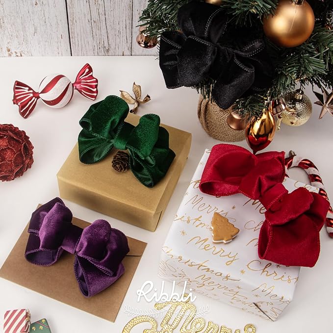 Ribbli Black Velvet Wired Ribbon 1.5 Inch Velvet with Satin Christmas Ribbon for Gift Wrapping Christmas Tree Decoration Crafts Wreaths Supplies-Continuous 10 Yards