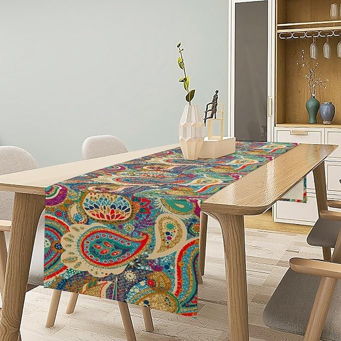 Boho Paisley Table Runner, Colorful Indian Mandala Floral Golden Aeccent Bohemian Style Table Runnner for Kitchen Dining Holiday Party Decoration, 13x60 Inch