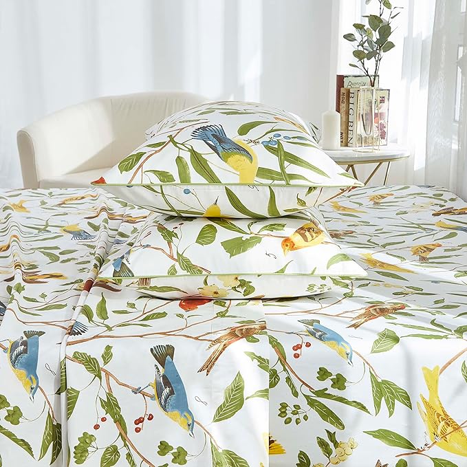 Brandream Eastern Floral Birds Bedding Chinoiserie Blossom Sheet Set Luxury Bedding 800TC 100% Egyptian Cotton Deep Pocket White Green Asian Style Botanical Ornamental Drawing, 4PC-King Size