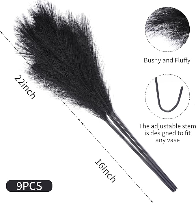 9 Stems Black Pampas Grass - 38 Inch Tall Faux Pompous Grass Decor, Long Artificial Pompas Floral for Gothic Room Decoration, Wedding Flower Arrangement, Halloween and Home Decor (Black)