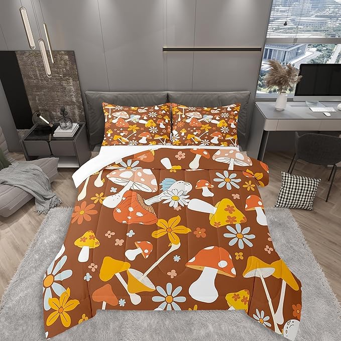 Castle Fairy 60s 70s Retro Hippie Queen Size Comforter Set,Groovy Flowers Mushroom Print Bedding Set with 2 Pillowcases,Boho Art Breathable Durable Polyester Bedding Set