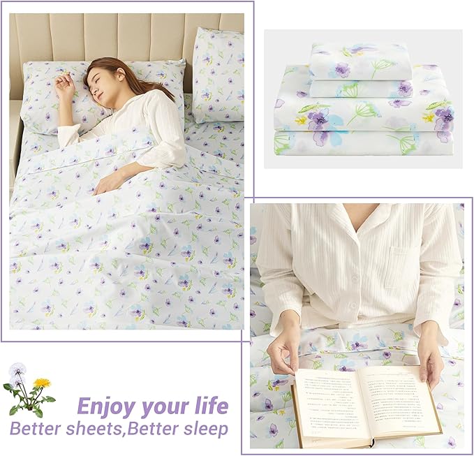 Softan Floral Full Sheet Set Blue Purple Flower Printed Bed Sheets, Soft Microfiber Patterned Fitted Sheets Full with 15" Deep Pocket & Non-Slip Straps, Summer Cooling Sheets & Pillowcase Set