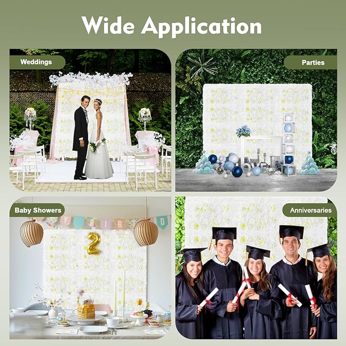 Artificial Flower Wall Panels, Silk Wedding Flower Wall Backdrop Panel, 3D Floral Panel Artificial Floral Wall Mat Flower Screen for Photo Party Wedding Wall Background Decor (12PCS White)